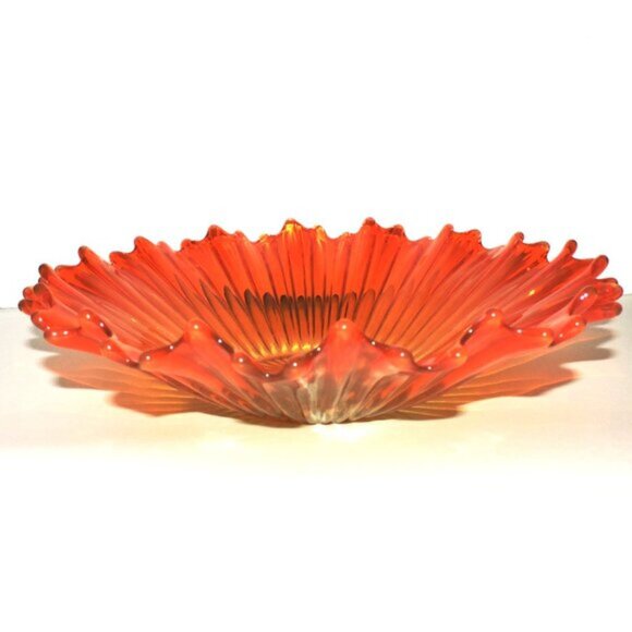 Large Fluted Flared Orange Glass Bowl Home Decor Room Accent Autumn - Picture 3 of 5